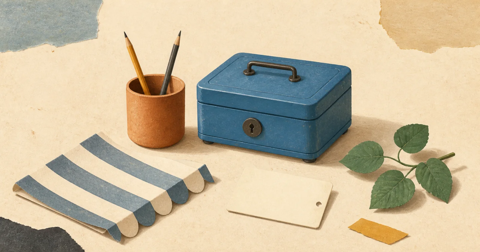 A blue cash box, pencil cup, striped awning sample, and green cutting arranged on a shop counter.