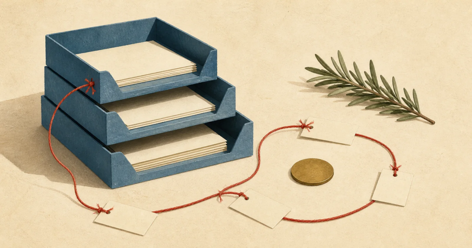 Blue correspondence trays, blank paper tags, red thread, and rosemary arranged in a steady rhythm.