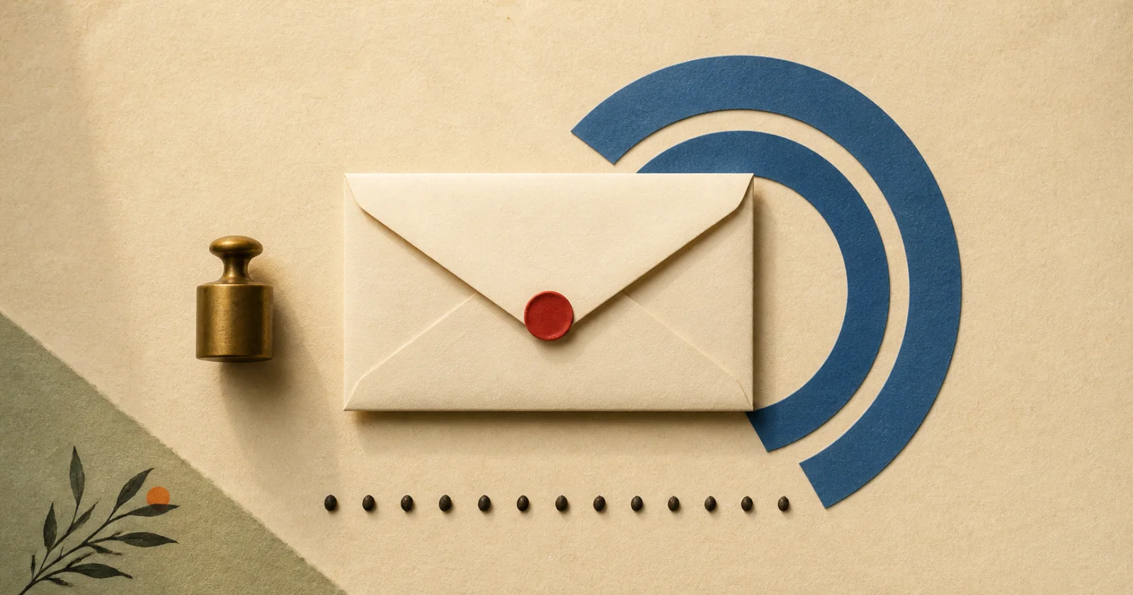 A sealed envelope, brass weight, and concentric blue paper arcs arranged on a warm paper surface.