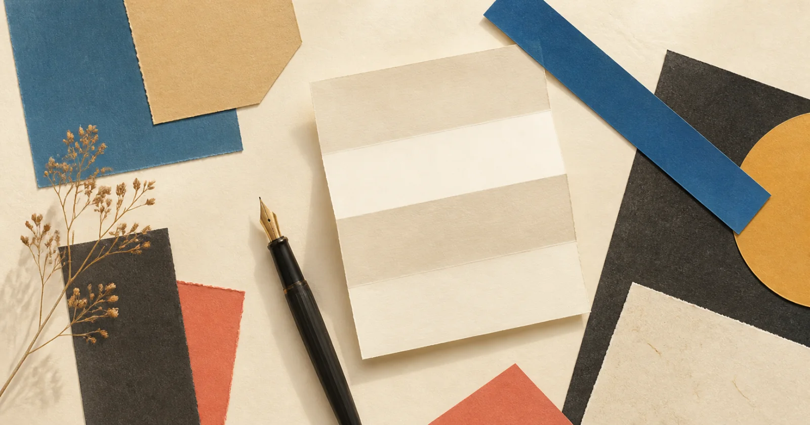 A fountain pen, folded paper, and blue and coral paper shapes arranged as an editorial still life.
