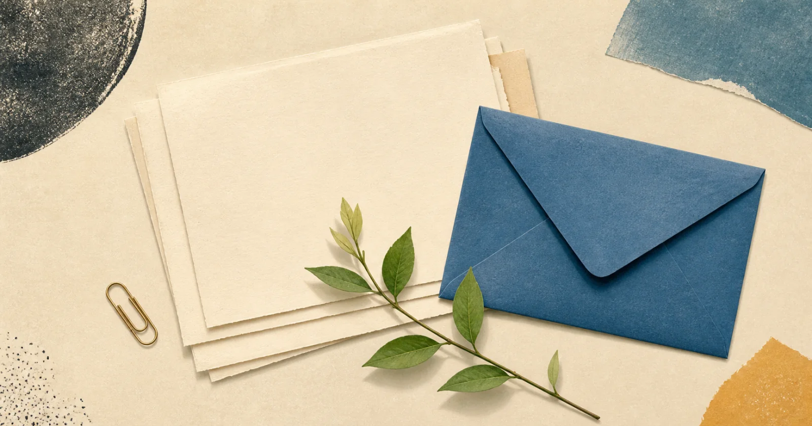 Ivory correspondence paper, a blue envelope, and a leafy sprig arranged on a warm paper surface.